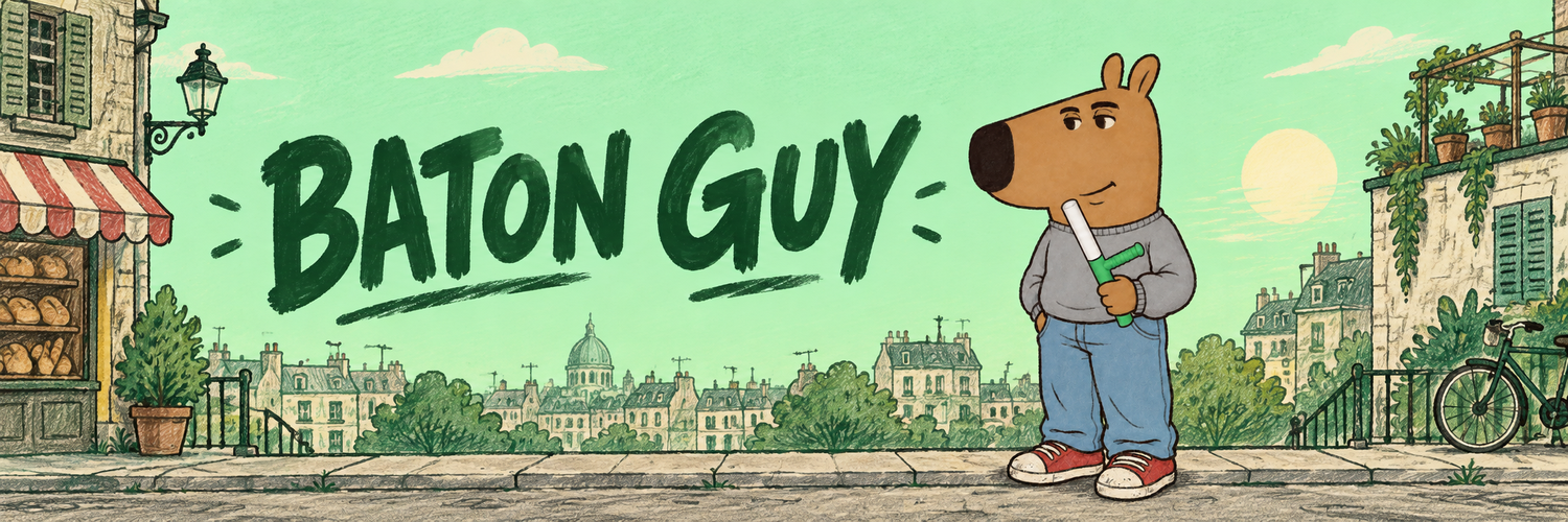 Baton Guy on a quiet illustrated city street